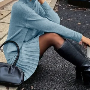 Women Elegant Knitted Two Piece Set High Neck Loose Sweater Pleated Mini Skirt Outfit Warm Autumn Winter Daily Party - Thumbnail Image 16