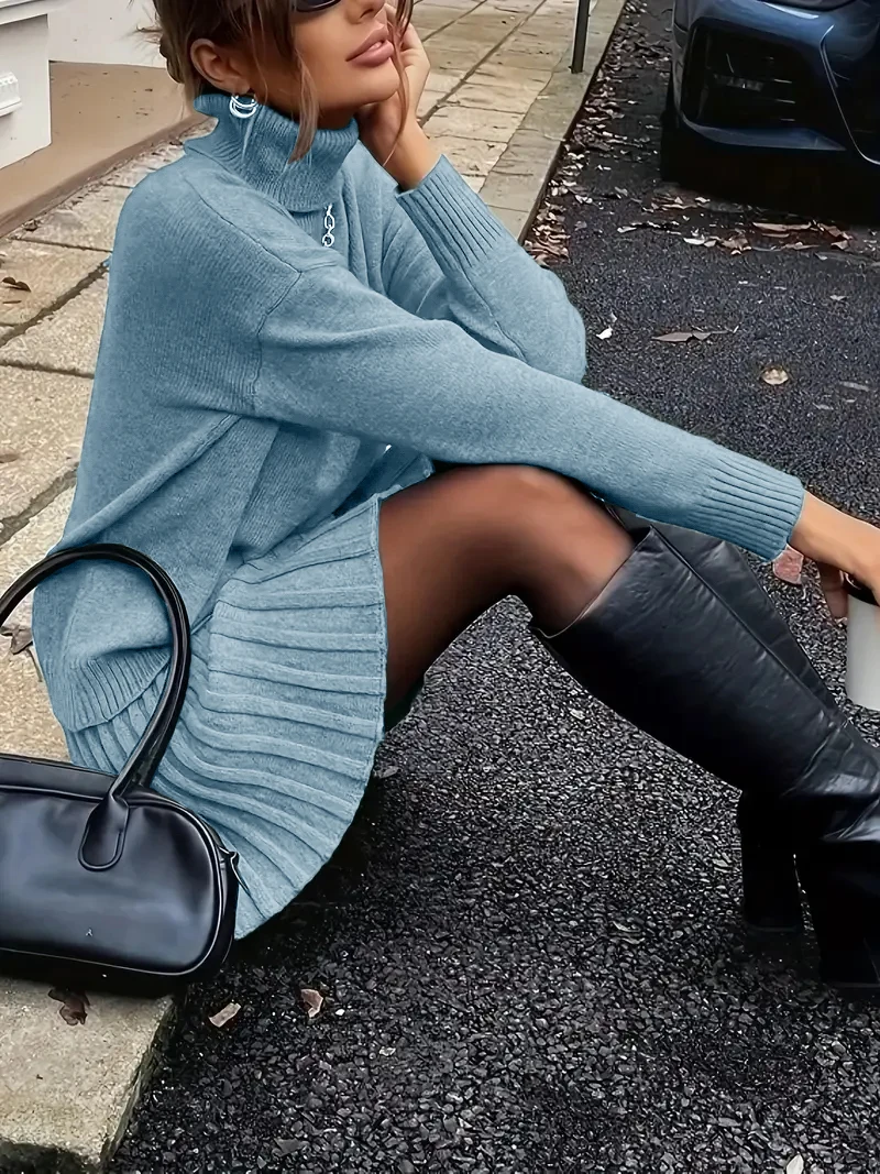 Women Elegant Knitted Two Piece Set High Neck Loose Sweater Pleated Mini Skirt Outfit Warm Autumn Winter Daily Party - Image 16