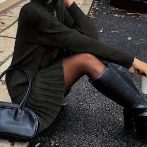 Women Elegant Knitted Two Piece Set High Neck Loose Sweater Pleated Mini Skirt Outfit Warm Autumn Winter Daily Party - Thumbnail Image 11