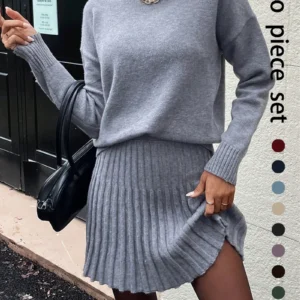 Women Elegant Knitted Two Piece Set High Neck Loose Sweater Pleated Mini Skirt Outfit Warm Autumn Winter Daily Party - Thumbnail Image 12