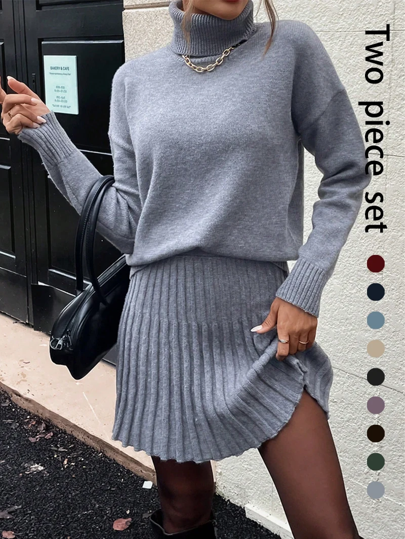 Women Elegant Knitted Two Piece Set High Neck Loose Sweater Pleated Mini Skirt Outfit Warm Autumn Winter Daily Party - Image 12