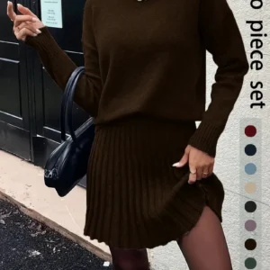 Women Elegant Knitted Two Piece Set High Neck Loose Sweater Pleated Mini Skirt Outfit Warm Autumn Winter Daily Party