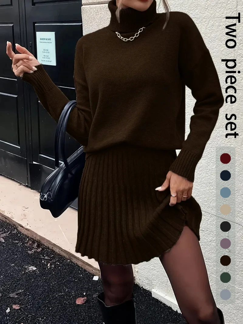 Women Elegant Knitted Two Piece Set High Neck Loose Sweater Pleated Mini Skirt Outfit Warm Autumn Winter Daily Party - Image 1