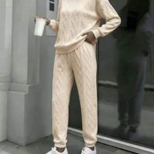 Women Cable Knit 2 Piece Outfit Set, Crewneck Long Sleeve Sweater Top & Drawstring Jogger Pants - Thumbnail Image 6
