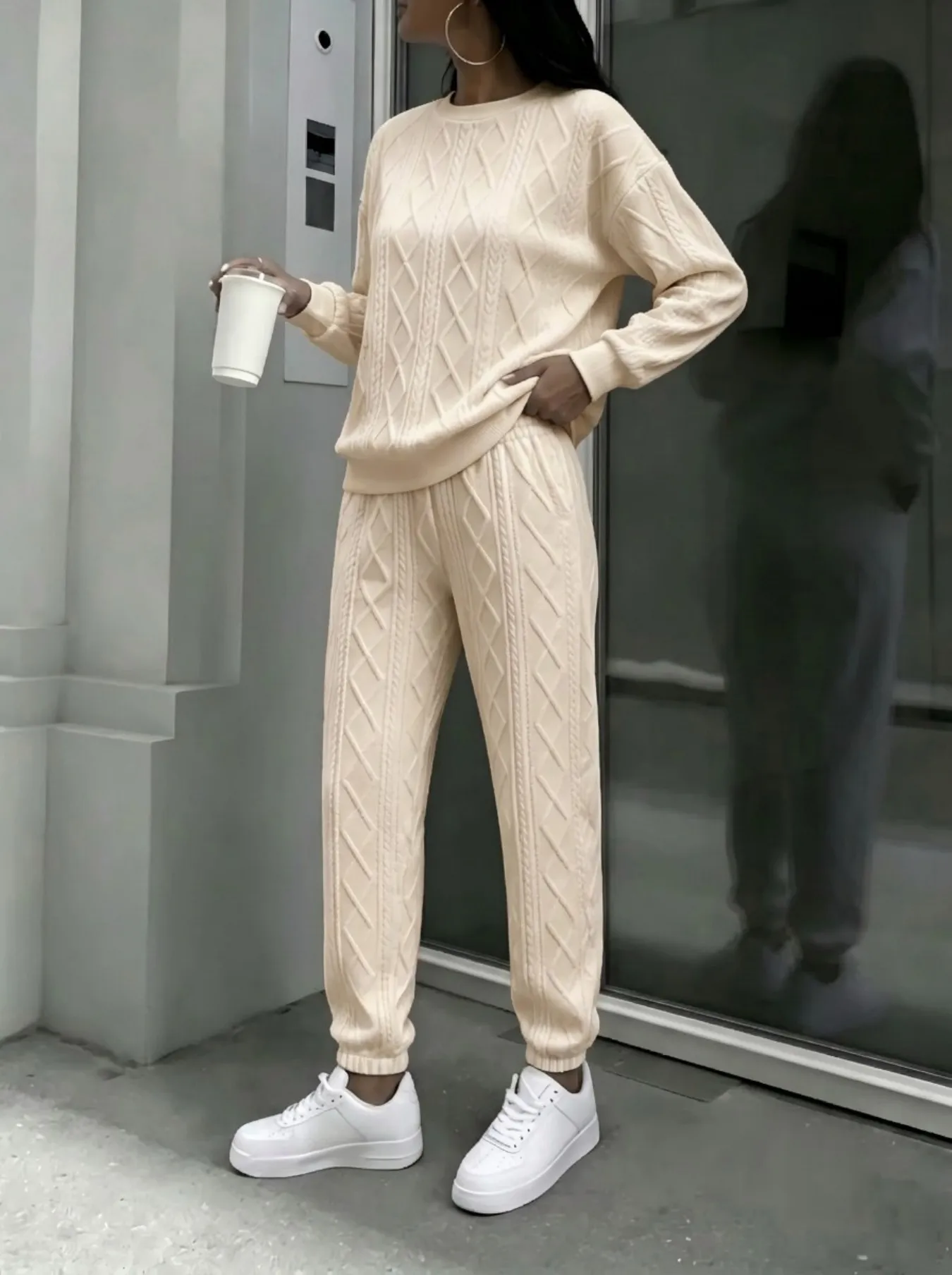 Women Cable Knit 2 Piece Outfit Set, Crewneck Long Sleeve Sweater Top & Drawstring Jogger Pants - Image 6