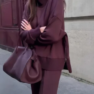 Two-piece Suit, Long-sleeved High-neck Sweatshirt and Wide-leg Pants,