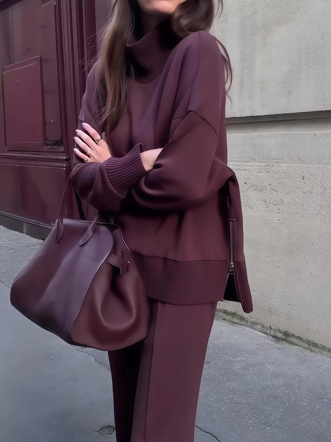 Two-piece Suit, Long-sleeved High-neck Sweatshirt and Wide-leg Pants, - Image 1