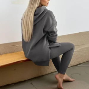 Pants Set Long Sleeve Hooded Pocket Loose Top High Waist Slim Leggings For Women - Thumbnail Image 3