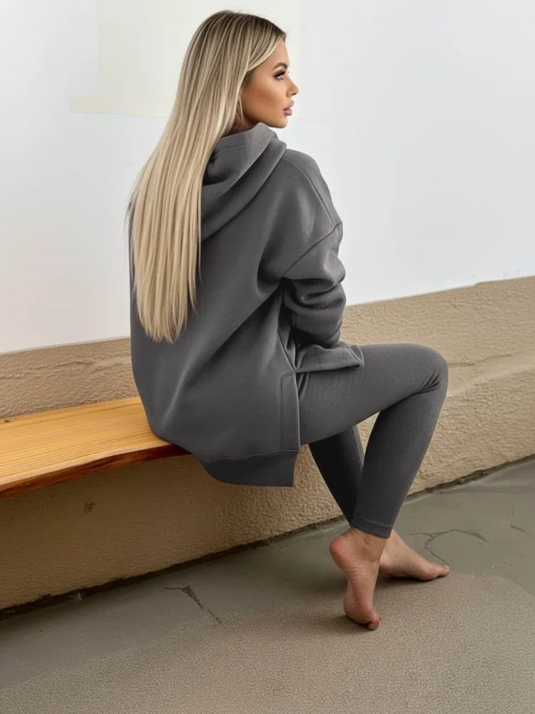 Pants Set Long Sleeve Hooded Pocket Loose Top High Waist Slim Leggings For Women - Image 3