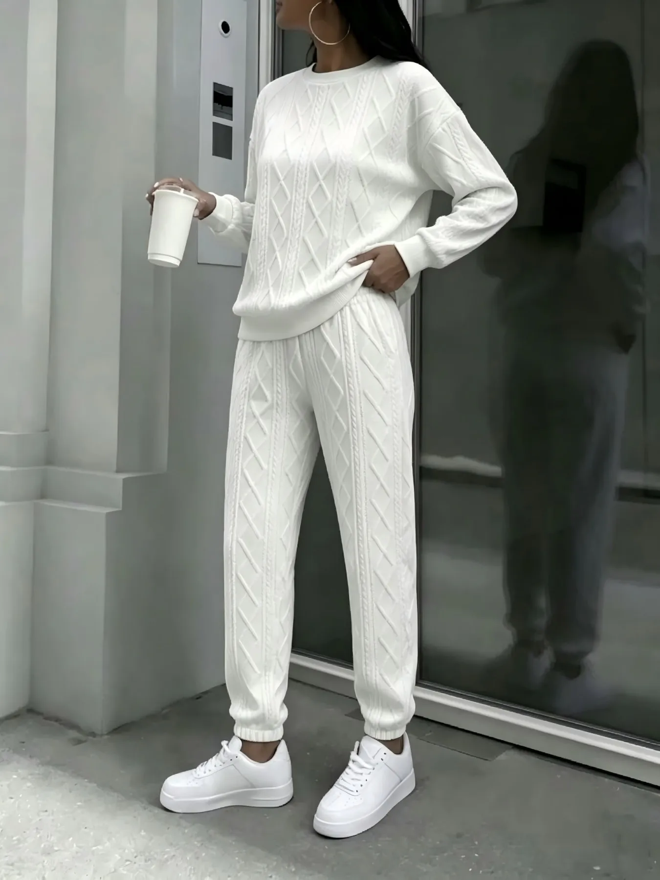 Women Cable Knit 2 Piece Outfit Set, Crewneck Long Sleeve Sweater Top & Drawstring Jogger Pants - Image 1