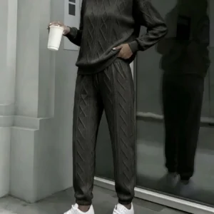 Women Cable Knit 2 Piece Outfit Set, Crewneck Long Sleeve Sweater Top & Drawstring Jogger Pants - Thumbnail Image 3