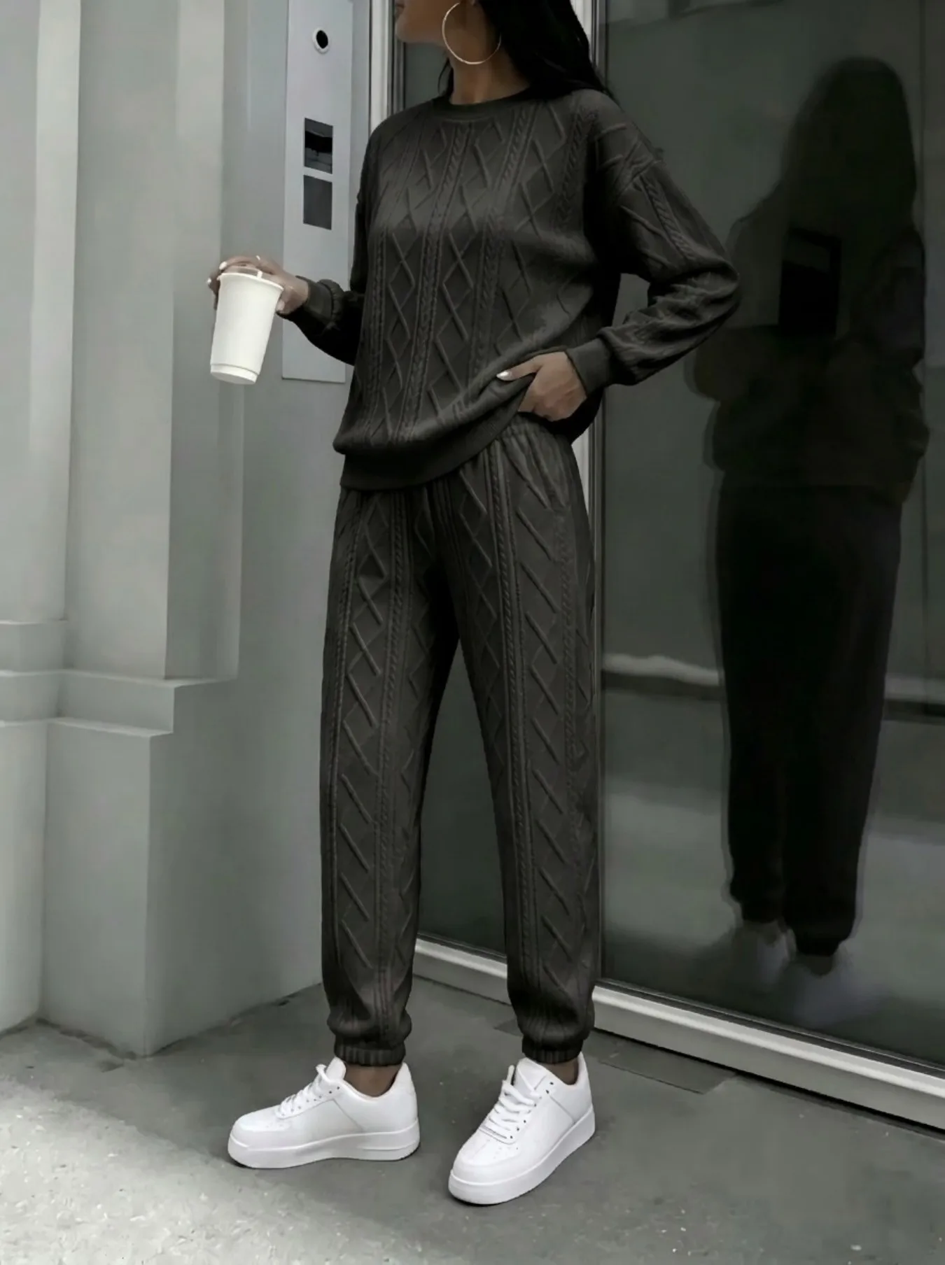 Women Cable Knit 2 Piece Outfit Set, Crewneck Long Sleeve Sweater Top & Drawstring Jogger Pants - Image 3