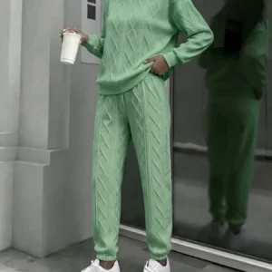 Women Cable Knit 2 Piece Outfit Set, Crewneck Long Sleeve Sweater Top & Drawstring Jogger Pants - Thumbnail Image 5