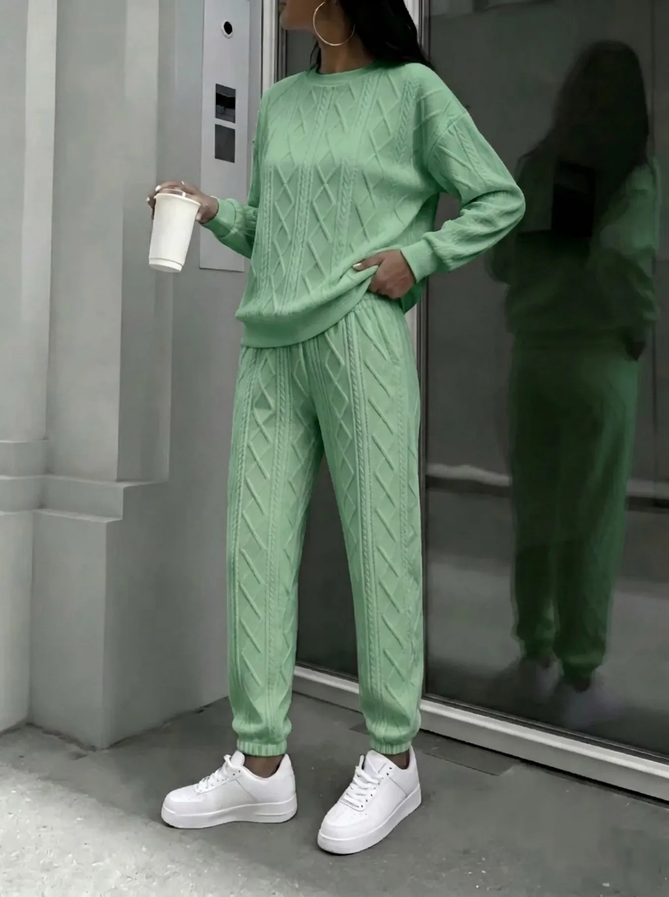 Women Cable Knit 2 Piece Outfit Set, Crewneck Long Sleeve Sweater Top & Drawstring Jogger Pants - Image 5