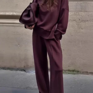 Two-piece Suit, Long-sleeved High-neck Sweatshirt and Wide-leg Pants, - Thumbnail Image 2