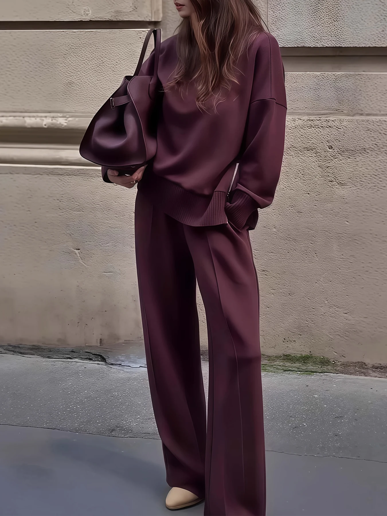 Two-piece Suit, Long-sleeved High-neck Sweatshirt and Wide-leg Pants, - Image 2