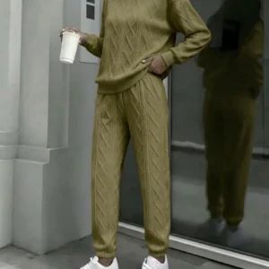 Women Cable Knit 2 Piece Outfit Set, Crewneck Long Sleeve Sweater Top & Drawstring Jogger Pants - Thumbnail Image 4