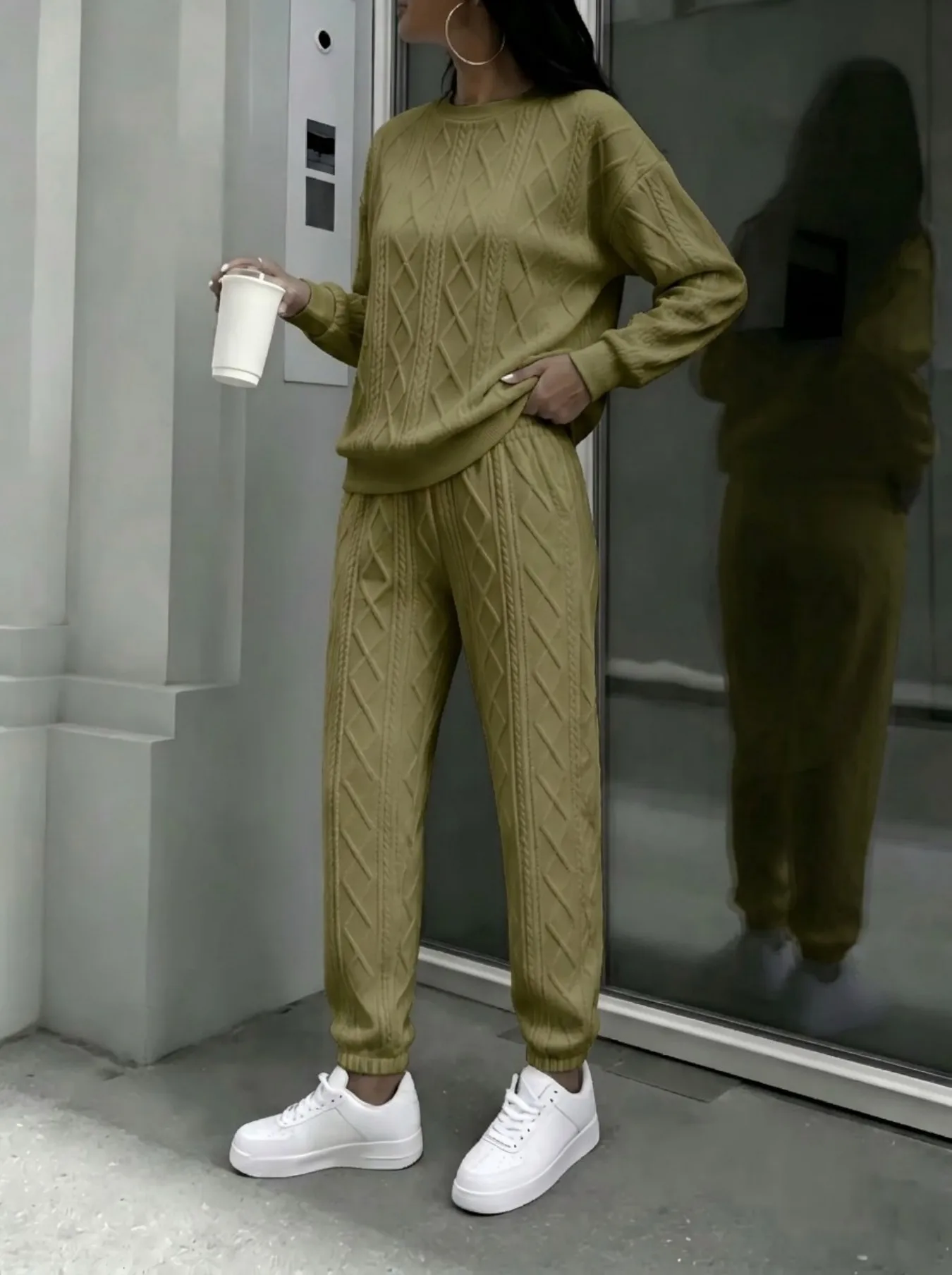Women Cable Knit 2 Piece Outfit Set, Crewneck Long Sleeve Sweater Top & Drawstring Jogger Pants - Image 4