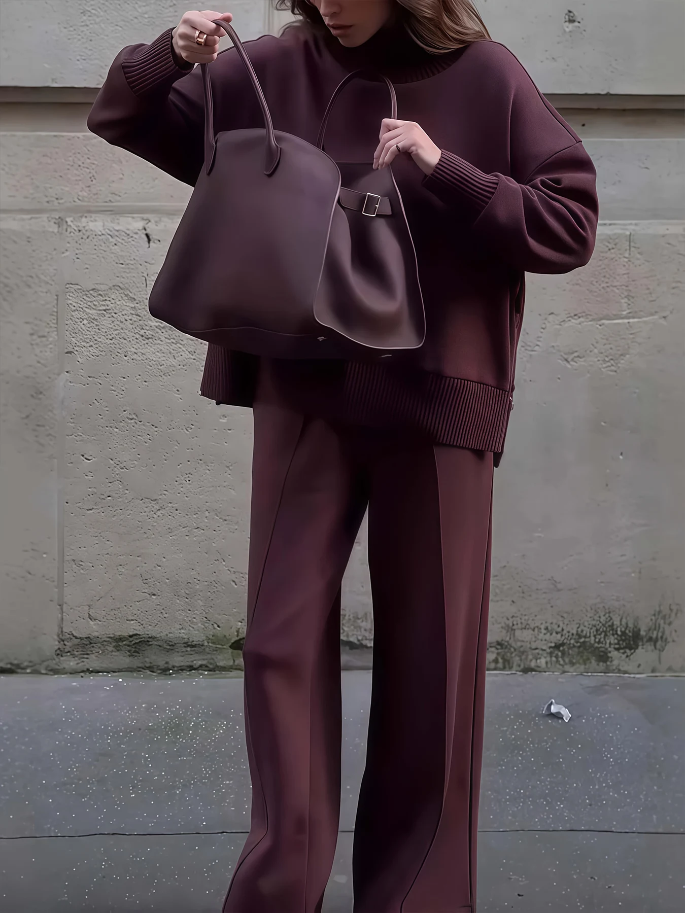 Two-piece Suit, Long-sleeved High-neck Sweatshirt and Wide-leg Pants, - Image 3