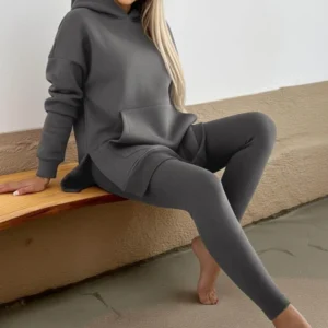 Pants Set Long Sleeve Hooded Pocket Loose Top High Waist Slim Leggings For Women - Thumbnail Image 2