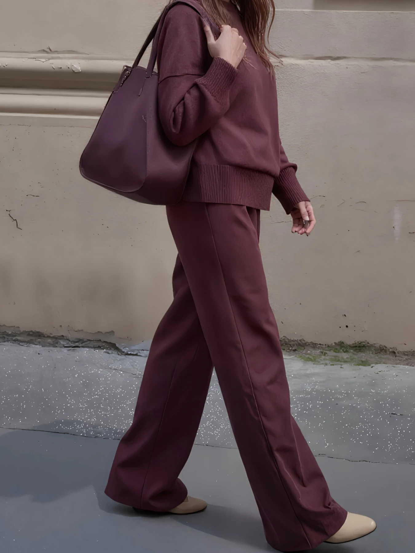 Two-piece Suit, Long-sleeved High-neck Sweatshirt and Wide-leg Pants, - Image 4