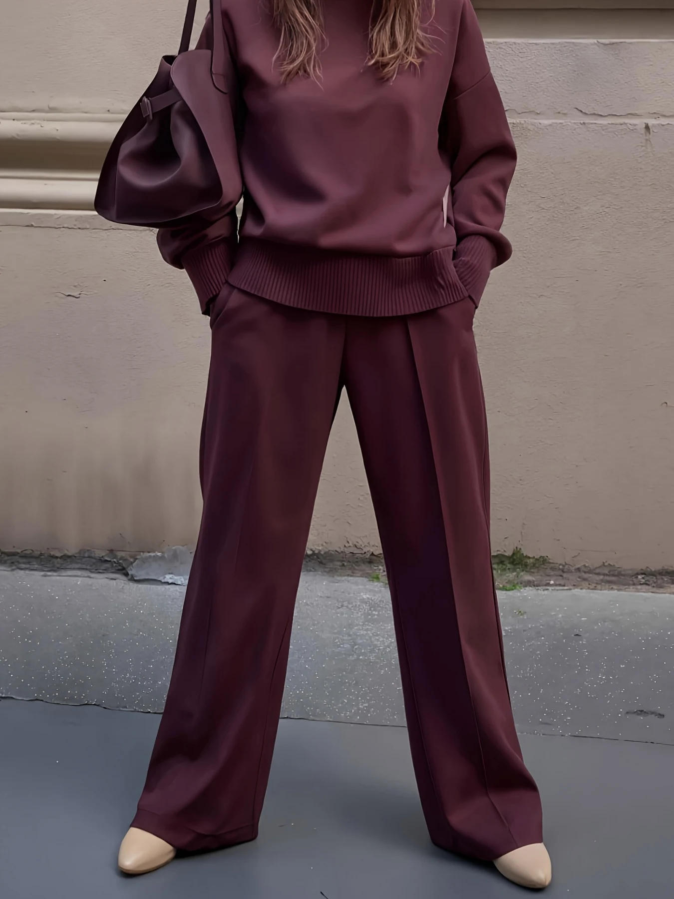 Two-piece Suit, Long-sleeved High-neck Sweatshirt and Wide-leg Pants, - Image 5