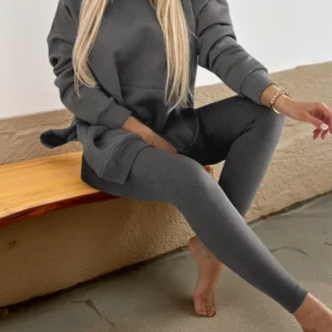 Pants Set Long Sleeve Hooded Pocket Loose Top High Waist Slim Leggings For Women