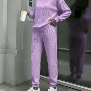 Women Cable Knit 2 Piece Outfit Set, Crewneck Long Sleeve Sweater Top & Drawstring Jogger Pants - Thumbnail Image 7
