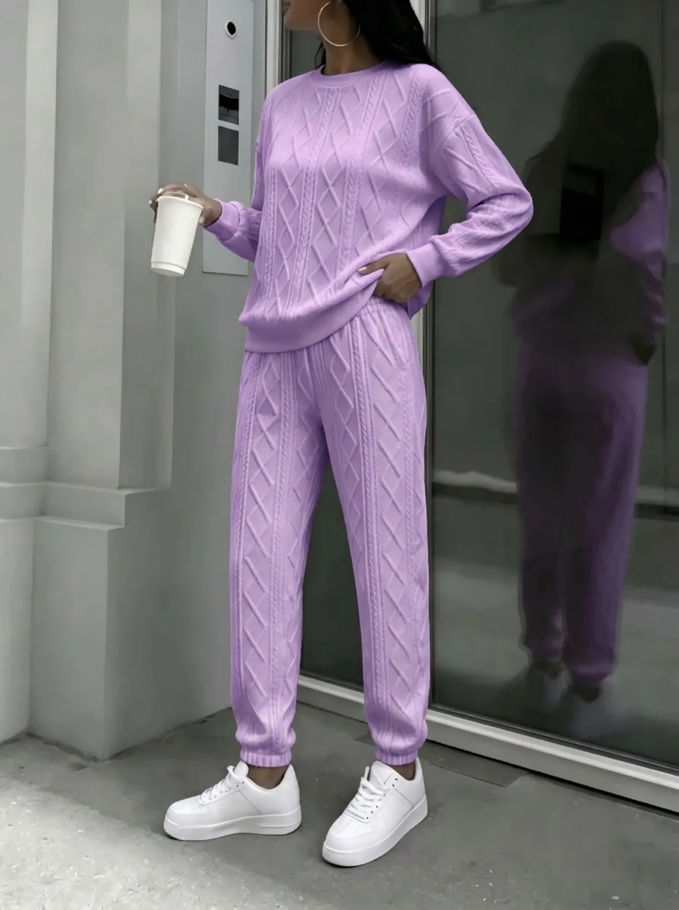 Women Cable Knit 2 Piece Outfit Set, Crewneck Long Sleeve Sweater Top & Drawstring Jogger Pants - Image 7