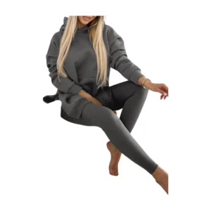 Pants Set Long Sleeve Hooded Pocket Loose Top High Waist Slim Leggings For Women - Thumbnail Image 4