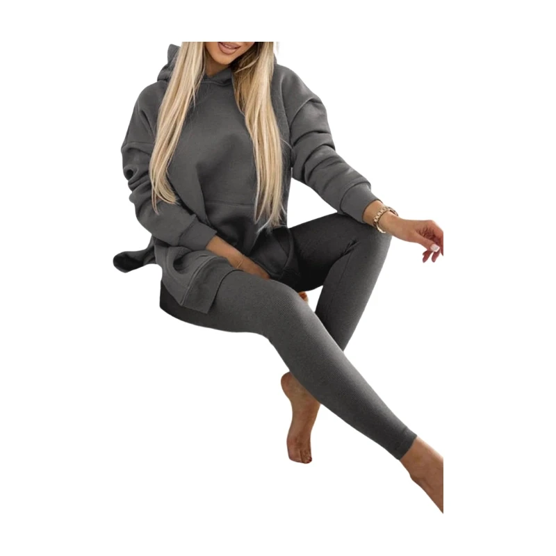 Pants Set Long Sleeve Hooded Pocket Loose Top High Waist Slim Leggings For Women - Image 4