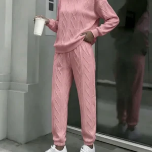 Women Cable Knit 2 Piece Outfit Set, Crewneck Long Sleeve Sweater Top & Drawstring Jogger Pants - Thumbnail Image 2