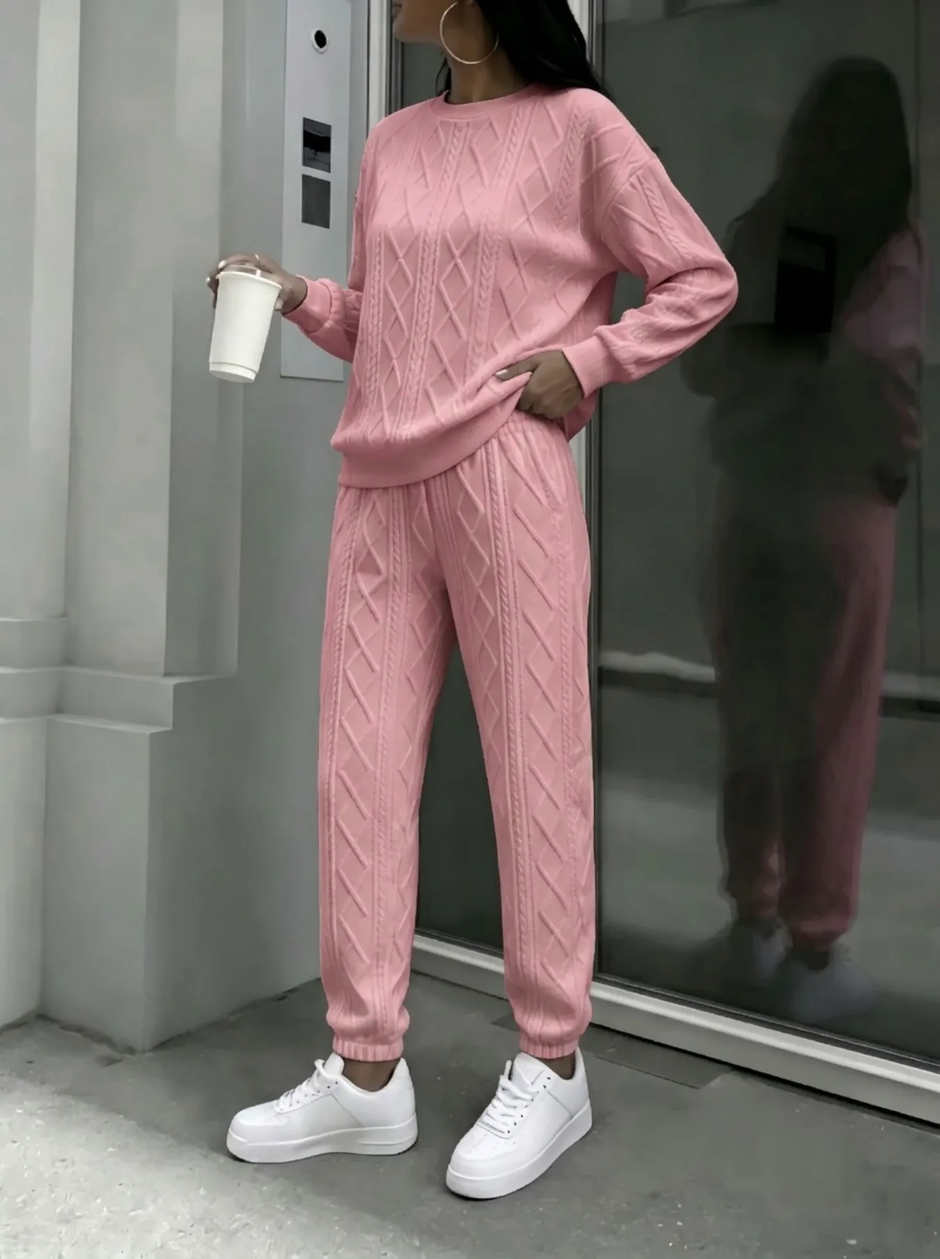Women Cable Knit 2 Piece Outfit Set, Crewneck Long Sleeve Sweater Top & Drawstring Jogger Pants - Image 2